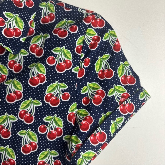 Kling Navy Blue Red Cherry Print Cotton Retro Pinup Button Front Dress NWT 2/S - Picture 7 of 15